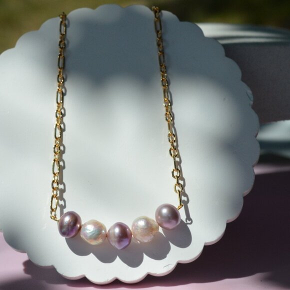 24.5" Natural Purple & White Edison Pearl Necklace – Gold Plated Chain - Picture 3 of 7